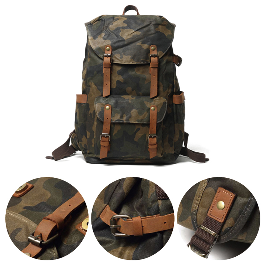 mochila escolar de lona encerada de camuflagem impermeável