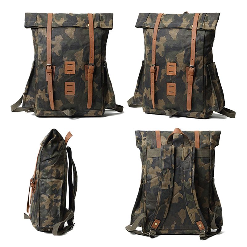 mochila de couro camuflado bolsa de lona encerada para homens