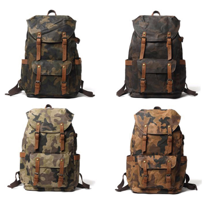 mochila escolar de lona encerada de camuflagem impermeável