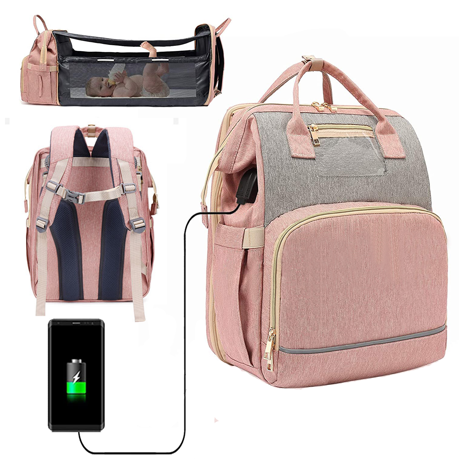 Mochila de múmia usb extra grande bolsa de fraldas para bebê