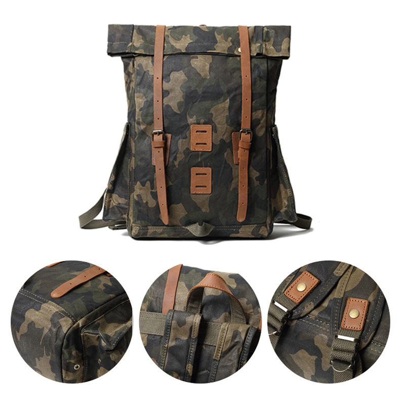 mochila de couro camuflado bolsa de lona encerada para homens