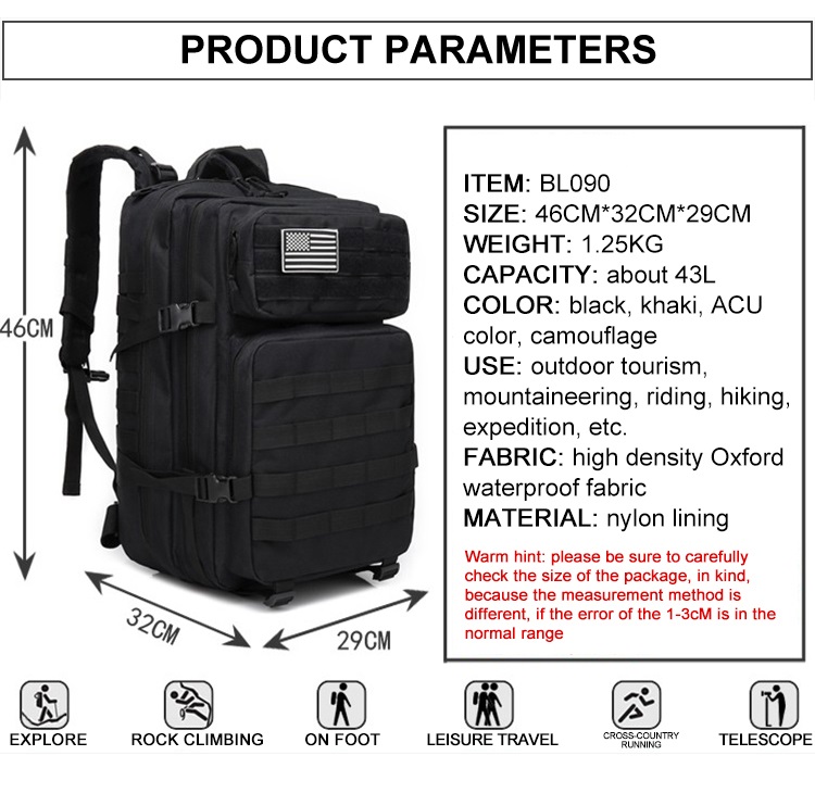 Mochila de camuflagem durável de viagem tático militar 45L