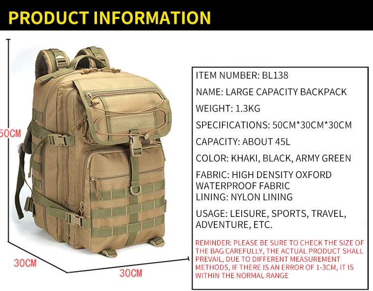 Bolsa de camuflagem de acampamento de viagem de montanhismo 45L mochila tática