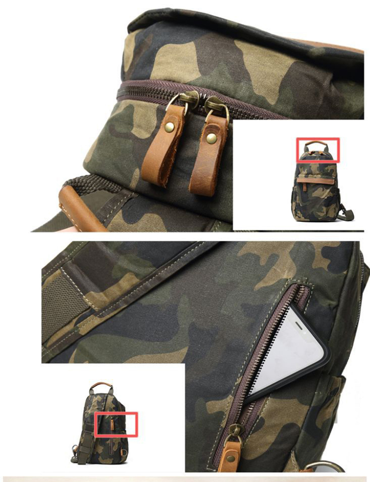 Bolsa de peito masculina de camuflagem de couro de lona ao ar livre de um ombro