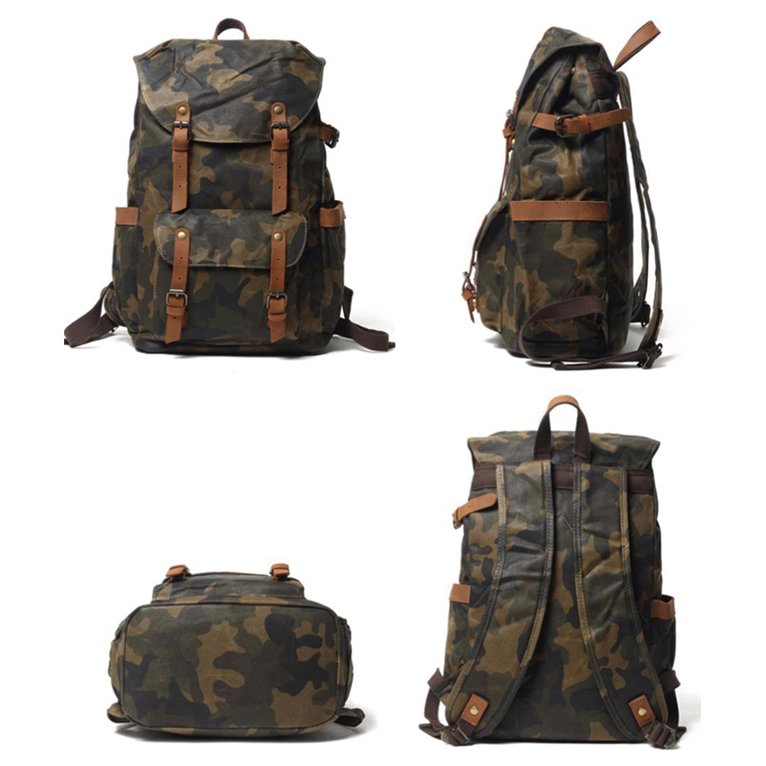 mochila escolar de lona encerada de camuflagem impermeável